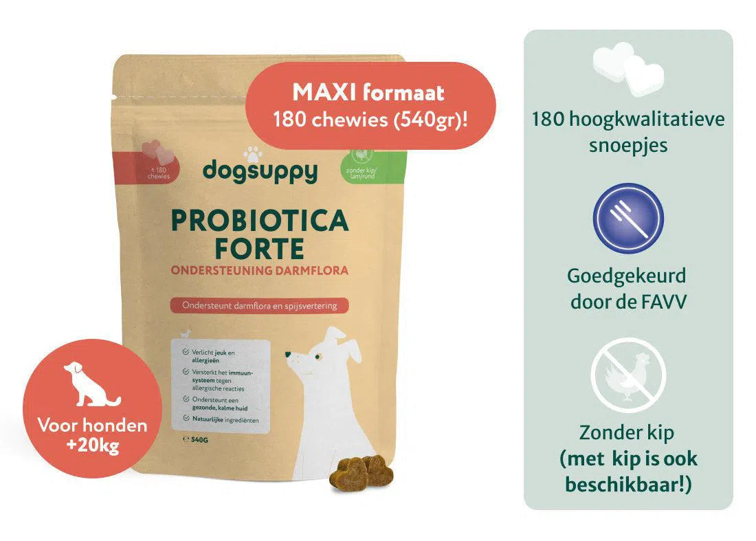 Grote rassen: Probiotica Forte zonder kip/lam/vlees | Ondersteunt darmflora en spijsvertering | 180 snoepjes (maxi-pack) abonnement